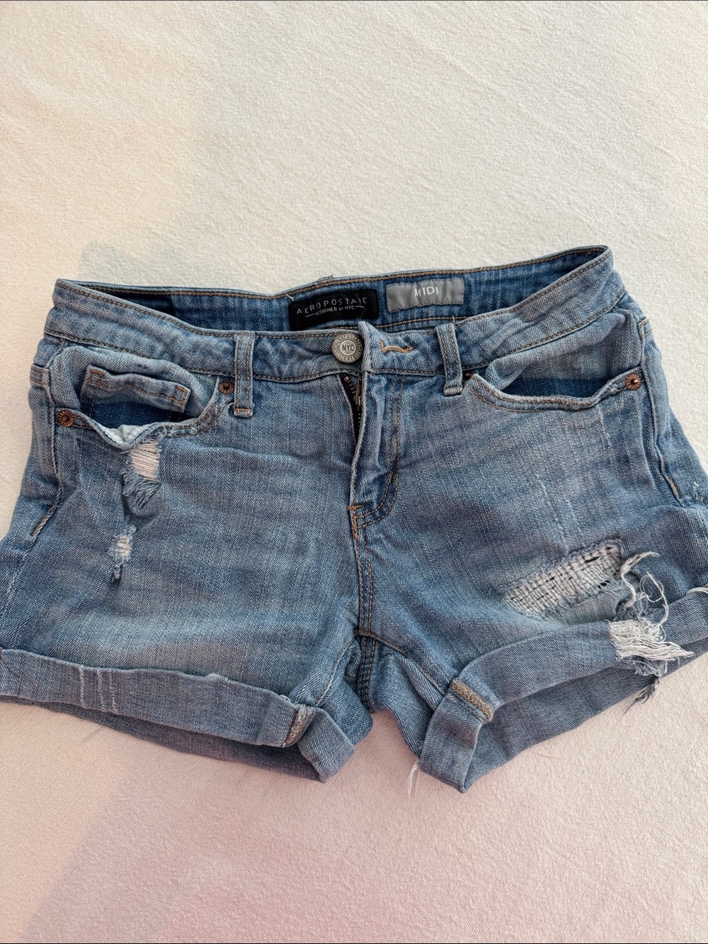 Aeropostale Distressed Midi Light Blue Denim Shorts